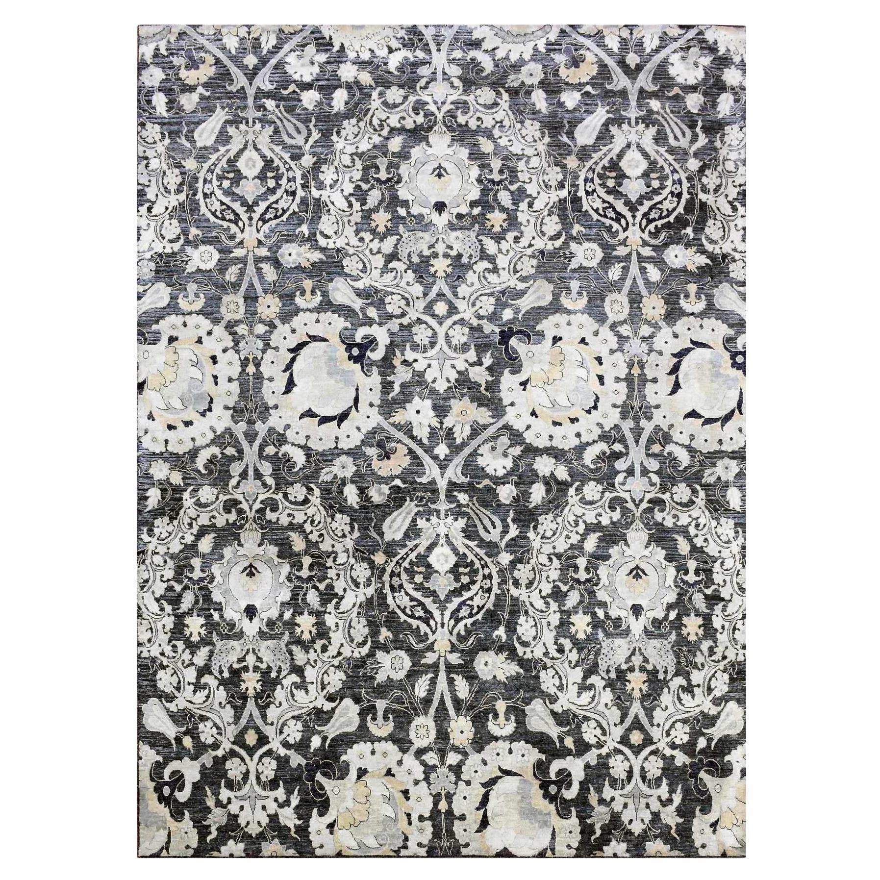 8'2 "X10' Tappeto in lana testurizzata annodata a mano con tulipani grigio-blu e fiori grandi in vendita