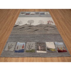 8'2"x10' Gray Modern Gabbeh with Scenery Design Hand Knotted Soft Wool Rug