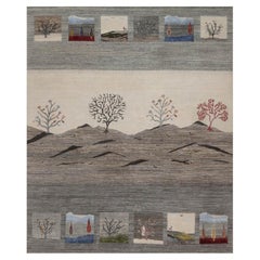 8'2"x10' Gray Modern Gabbeh with Scenery Design Hand Knotted Soft Wool Rug