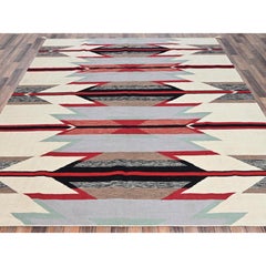8'2"x10' Ivory Flat Weave Southwest Geometric Design Hand Woven Pure Wool Rug