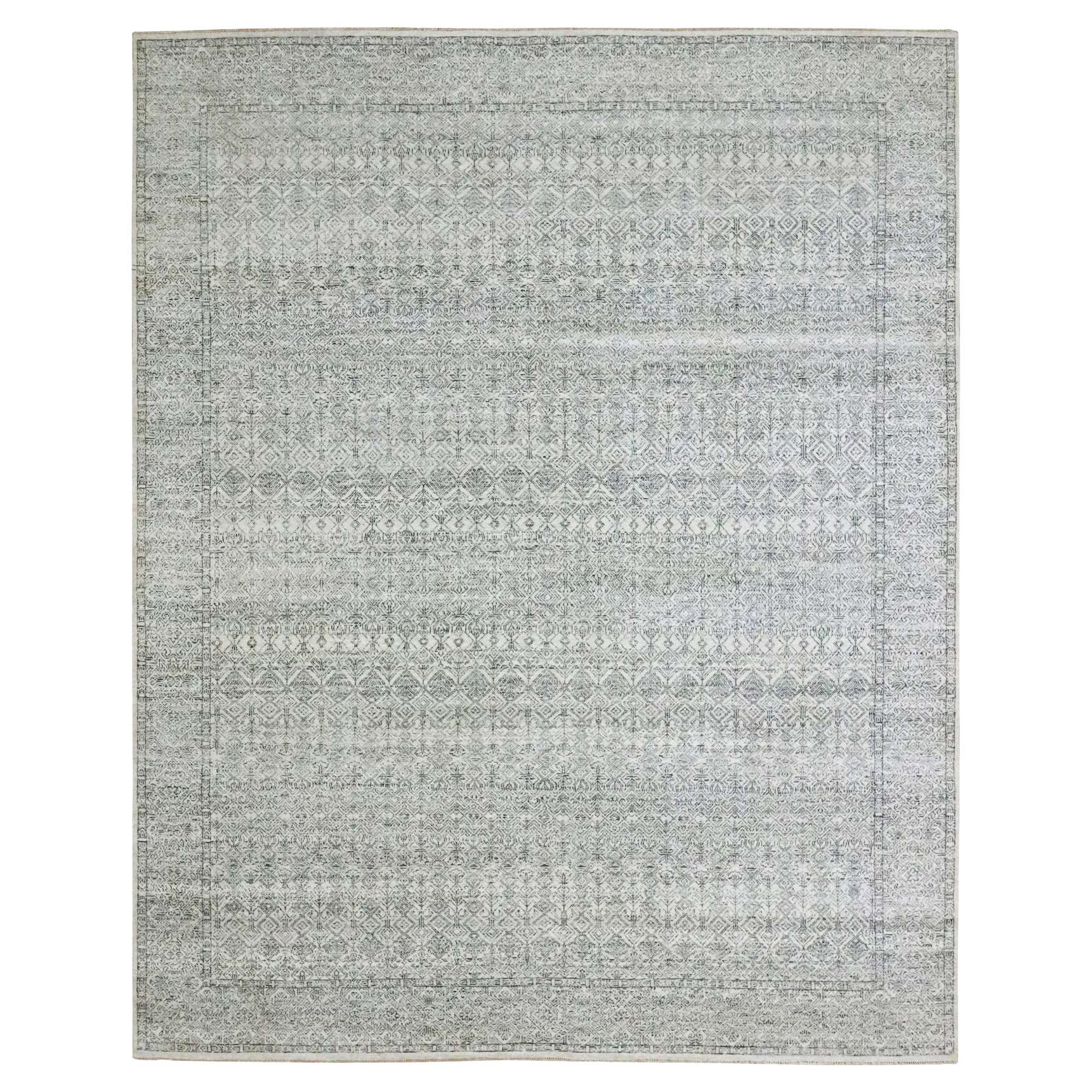 8'2"x10' Ivory Repetitive Geometric Intricate Tree Design Hand Knotted Wool Rug For Sale