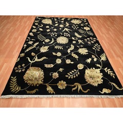 8'2'x10' Onyx Black Borderless Botanical Design Wool and Silk Hand Knotted Rug