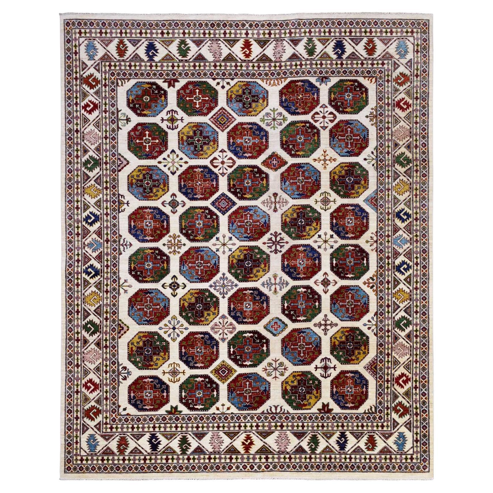 8'2"x10' Organic Wool Hand Knotted Ivory Afghan Super Kazak Oriental Rug For Sale