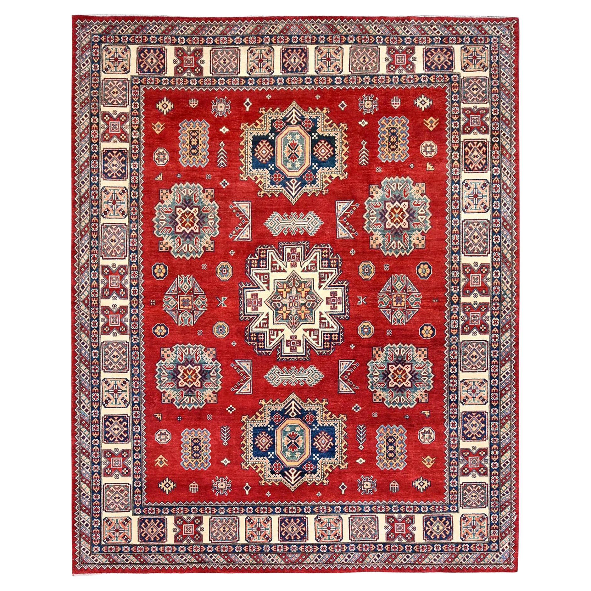 8'2 "x10' Red Special Kazak Large Elements Tappeto orientale in pura lana annodato a mano in vendita
