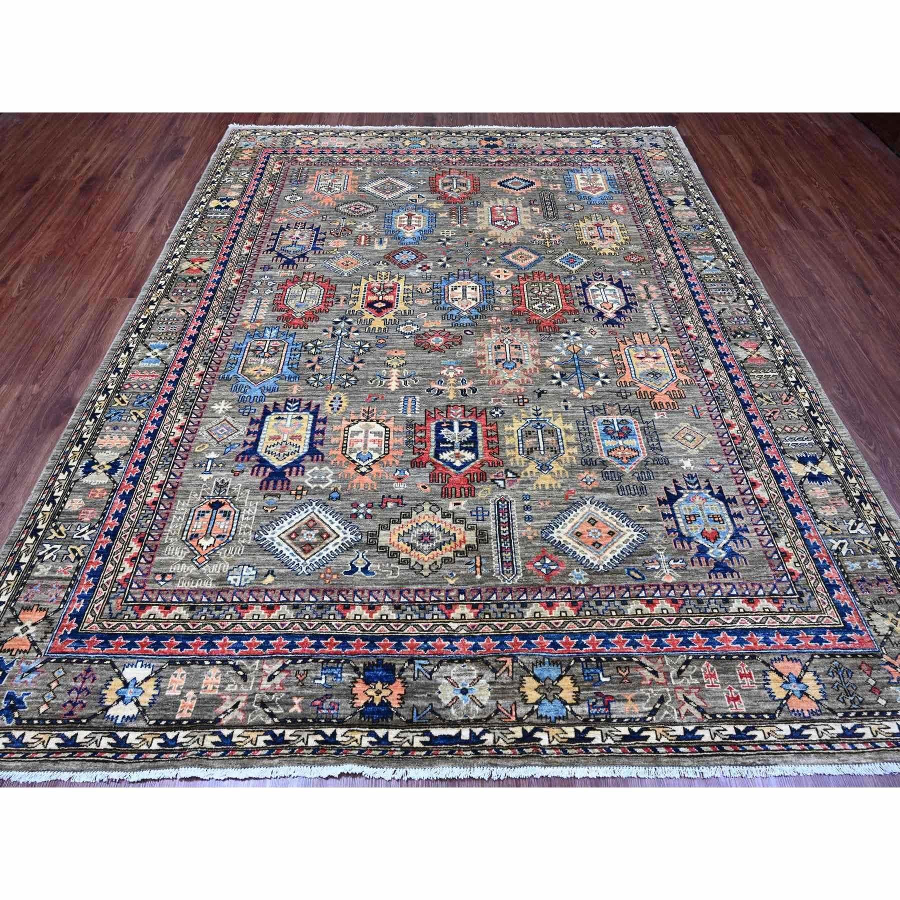 Sonic Gray, Aryana Grade, All Over Caucasian Gul Motifs, Vegetable Dyes, High Mountain Wool, Hand Knotted, Oriental Rug
Primary materials: Wool
Latex: No Pile 
height: 0.25 Inches
Style: Transitional
Primary color: Grey
Secondary colors: Blue, Red,