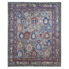 8'2"x10' Sonic Gray All Over Caucasian Gul Motifs Hand Knotted Pure Wool Rug