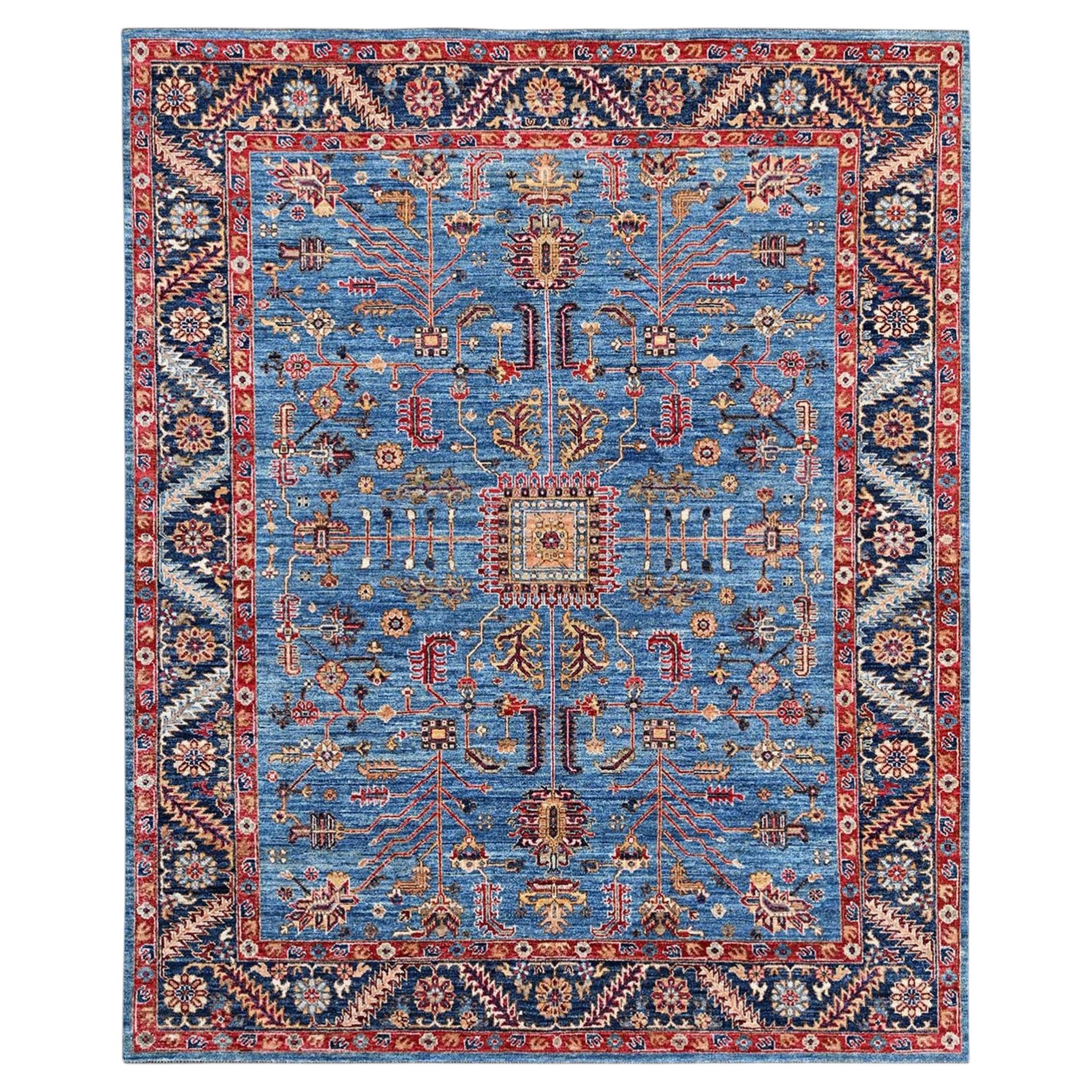 8'2"x10'1" Blue Afghan Peshawar with Heriz All Over Design Hand Knotted Wool Rug