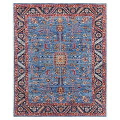 8'2"x10'1" Blue Afghan Peshawar with Heriz All Over Design Hand Knotted Wool Rug