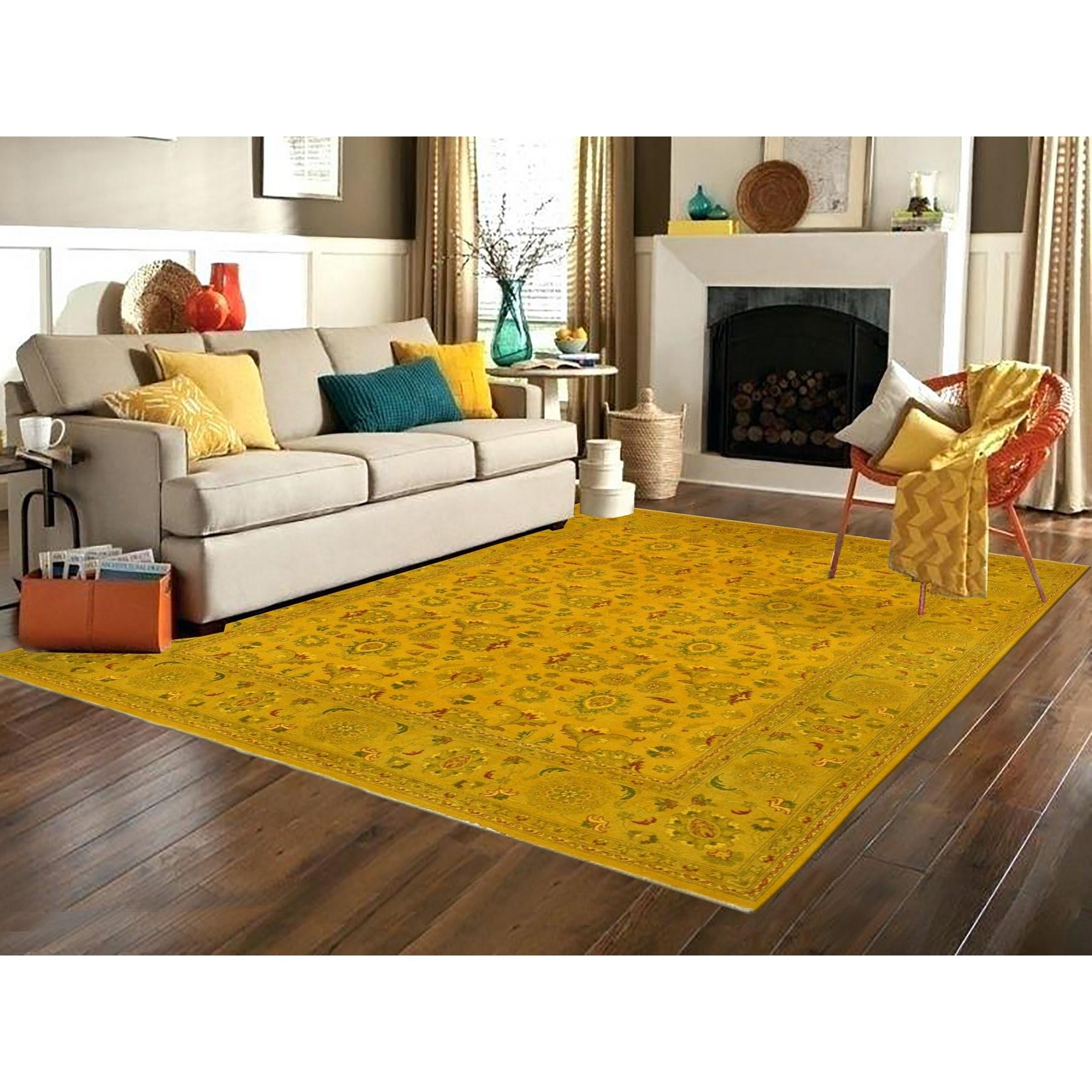 Golden Brown, Overdyed Persian Design, Pure Wool Hand Knotted Oriental Rug
Primary materials: Wool
Latex: No Pile 
height: 0.25 Inches
Style: Transitional
Primary color: Yellow
Secondary colors: Red, Forest Green, Honey Brown, Taupe
Pattern: Oriental