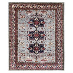 8'2 "x10'1" Gris Lana Suave Anudada a Mano Super Kazak Caucásica Alfombra de Diseño Akstafa
