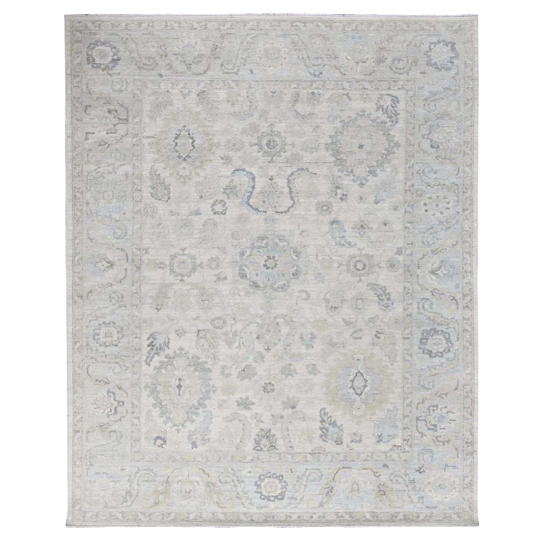 8'2"x10'1" Gray White Wash Peshawar with Leaf Design Hand Knotted Pure Wool Rug For Sale