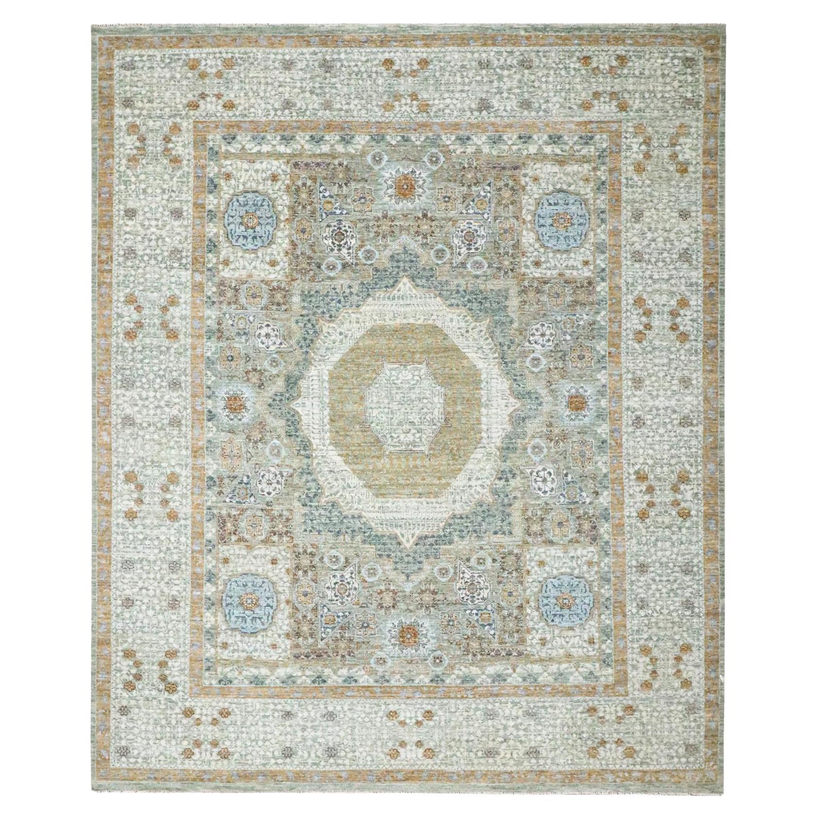 8'2 "x10'1" Sage Green Mamluke Design Handgeknüpfter Orientteppich aus reiner Wolle im Angebot