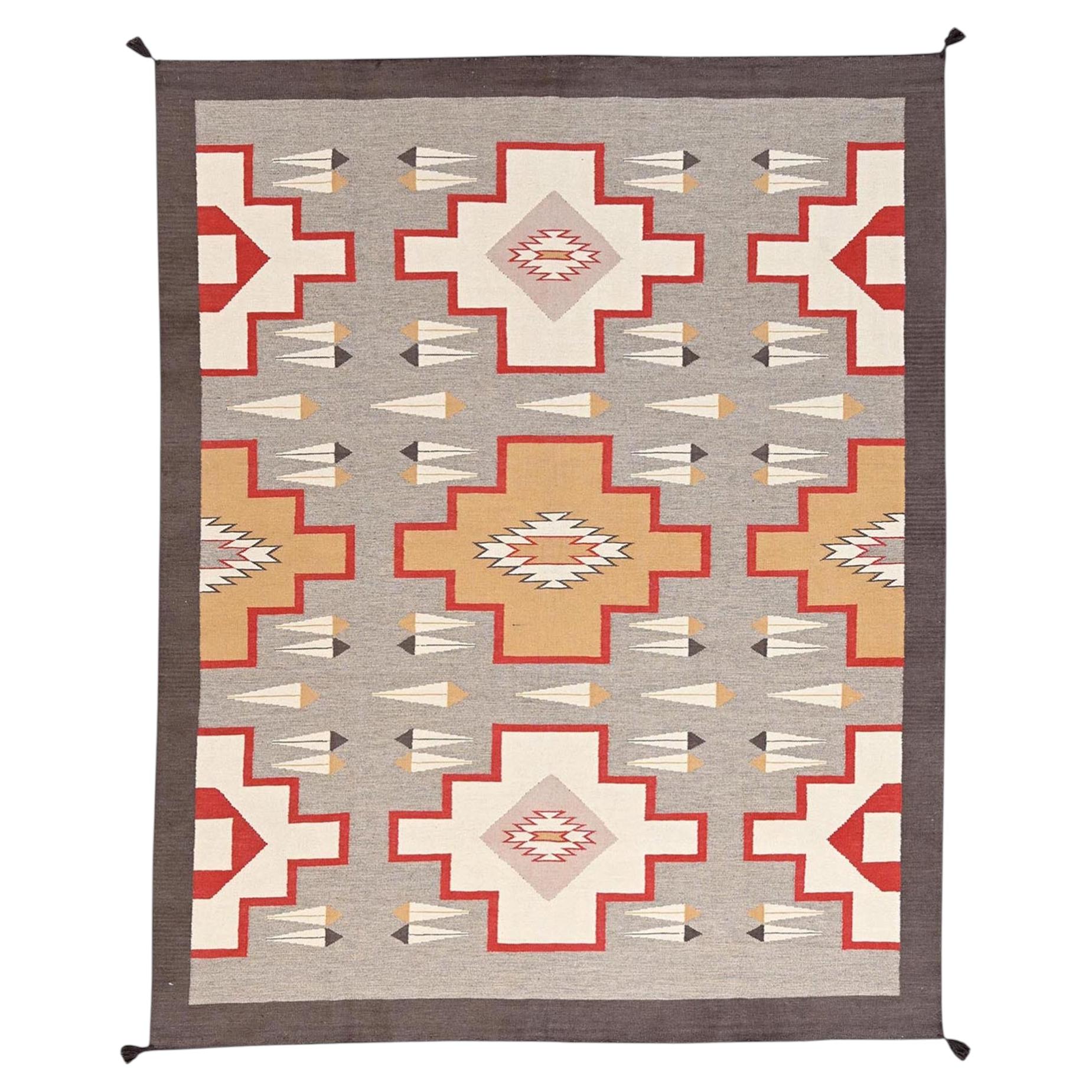 8'2"x10'1" Stone Gray Southwest Geometric Design Hand Woven Flat Weave Wool Rug For Sale