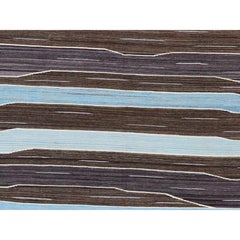 8'2 "x10'1" Tappeto Kilim a tessitura piatta in lana intrecciata a mano di colore marrone e blu con disegno di montagna