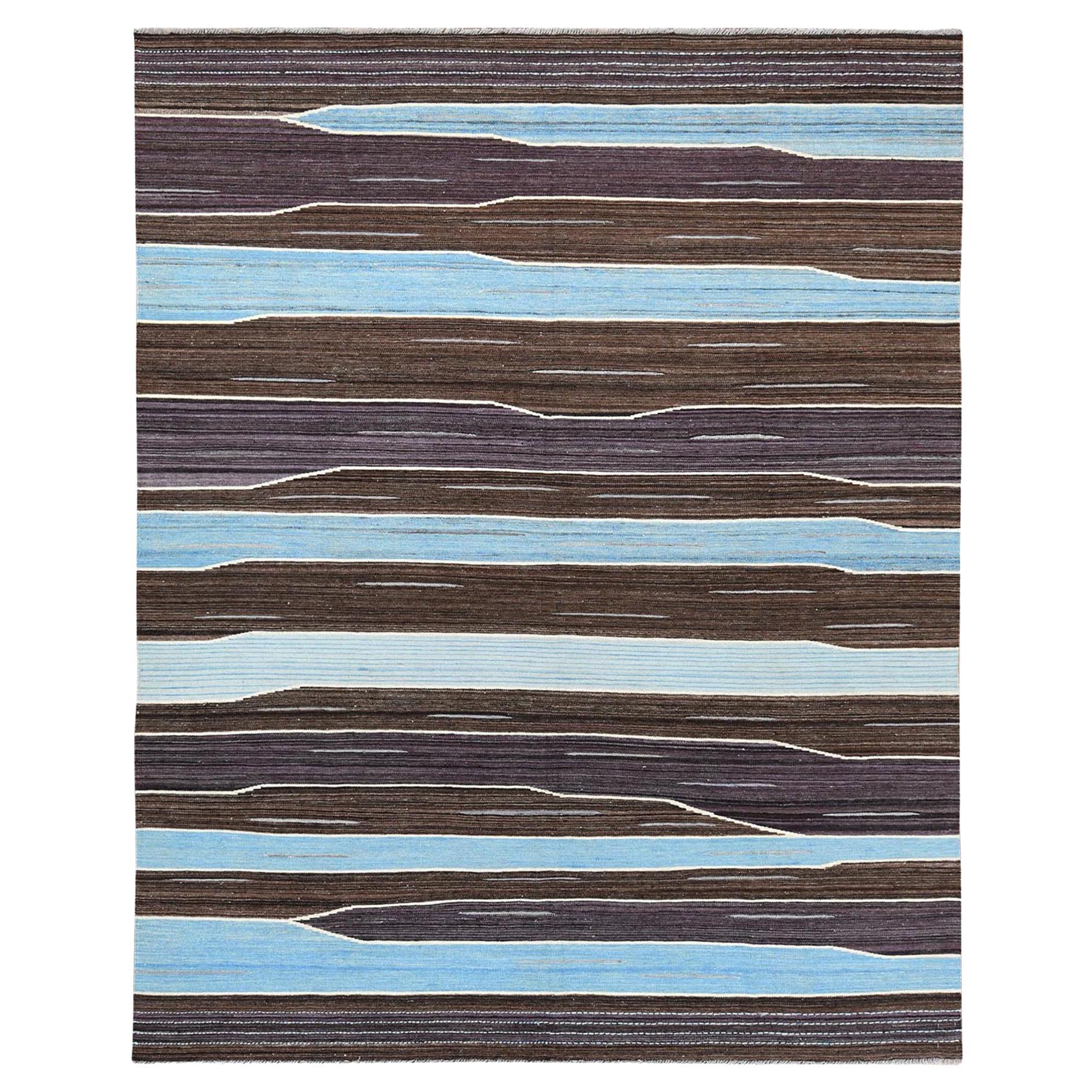 8
2 "x10
1" Wolle Hand gewebt braun und blau Berg Design flach weben Kilim Teppich