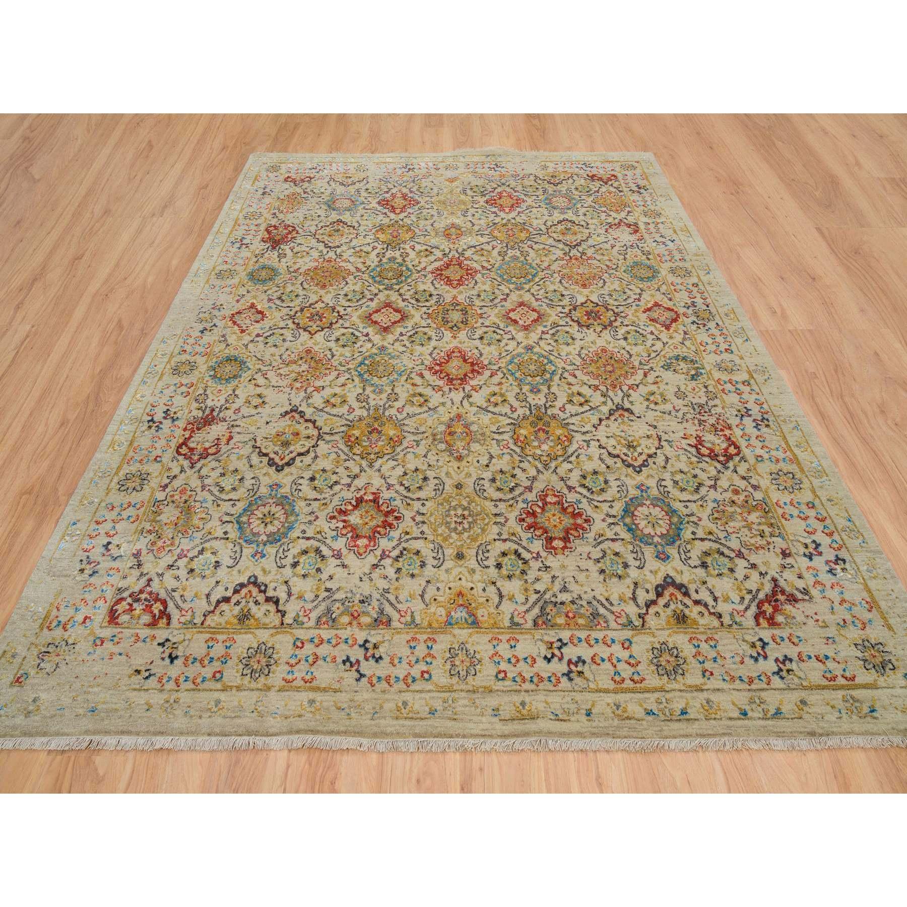 This is a truly genuine one-of-a-kind Beige, THE SUNSET ROSETTES, Hand Knotted Wool And Pure Silk, Oriental Rug. It has been Knotted for months and months in the centuries-old weaving craftsmanship techniques by expert artisans.
Primary materials: