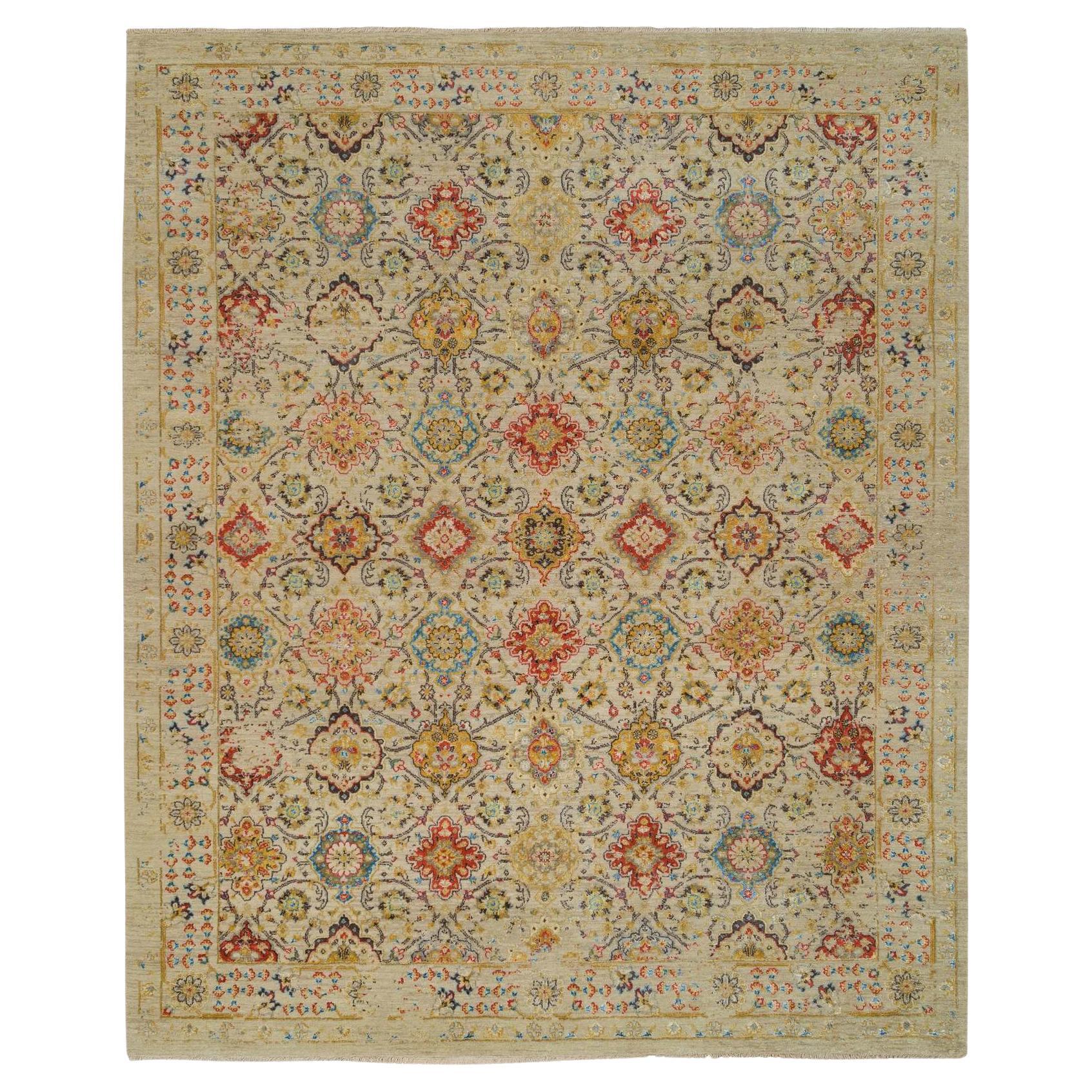 8
2"x10
2" Beige, THE SUNset ROSETTES, handgeknüpfter Teppich aus Wolle und reiner Seide, Teppich