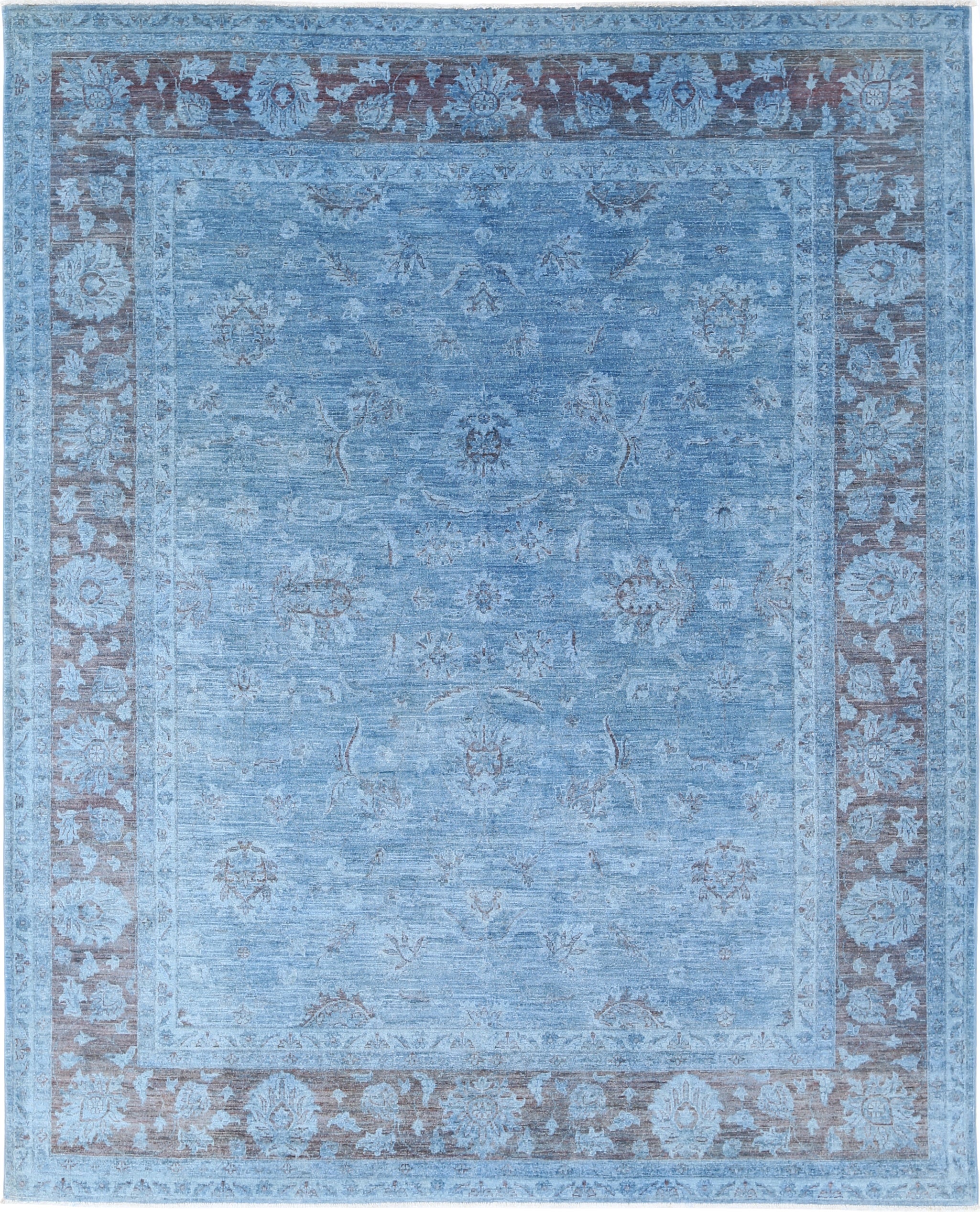 8.2x10.2 ft Hand Knotted Blue Oushak Large Area Rug with All-Over Floral Design