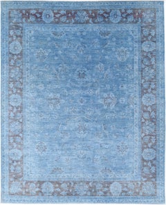 8.2x10.2 ft Hand Knotted Blue Oushak Large Area Rug with All-Over Floral Design
