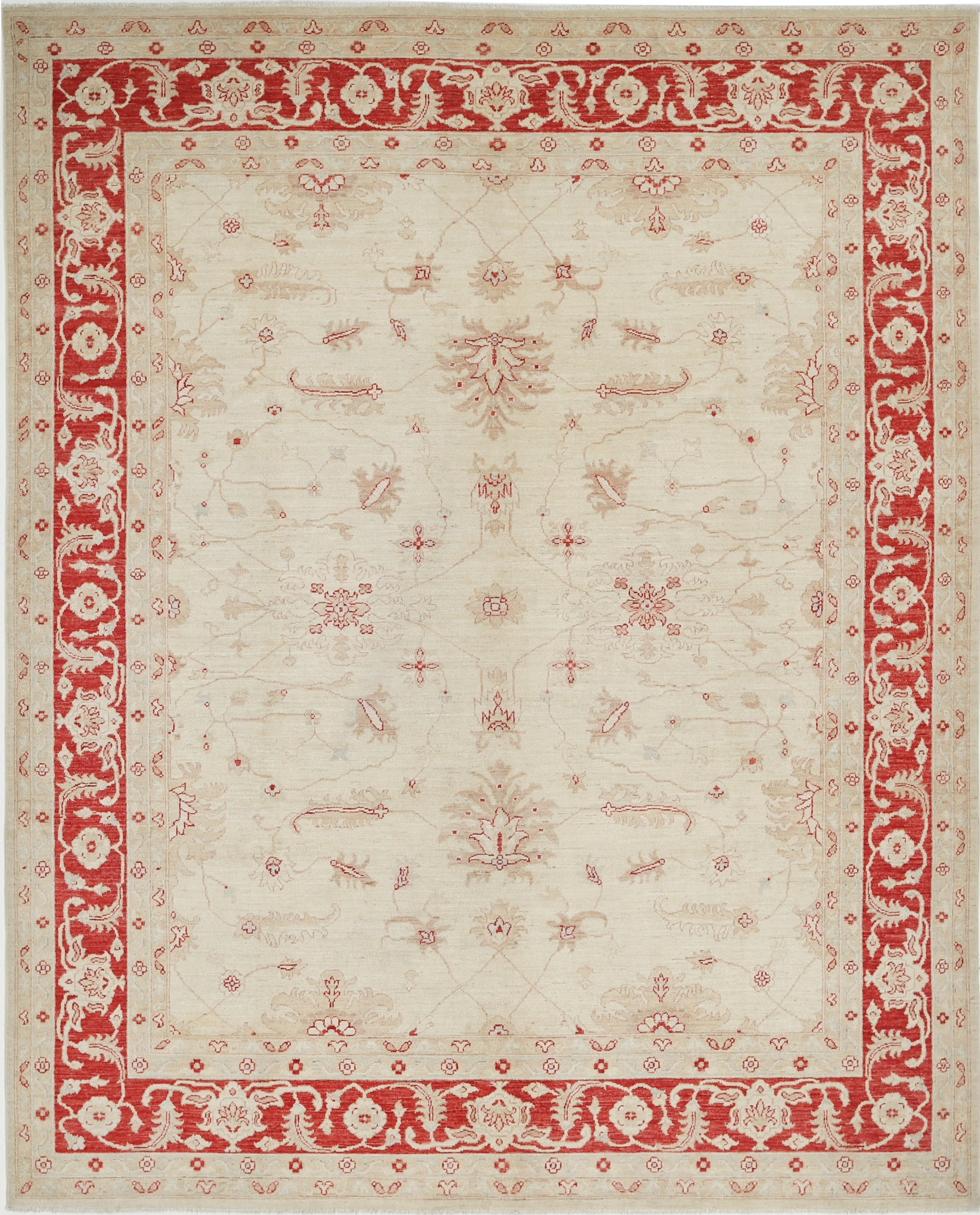 8.2x10.2 ft Hand Knotted Floral Area Rug with Beige Field and Red Border