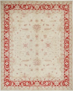Alfombra Floral Anudada a Mano con Campo Beige y Bordes Rojos de 2,5 x 3,2 m