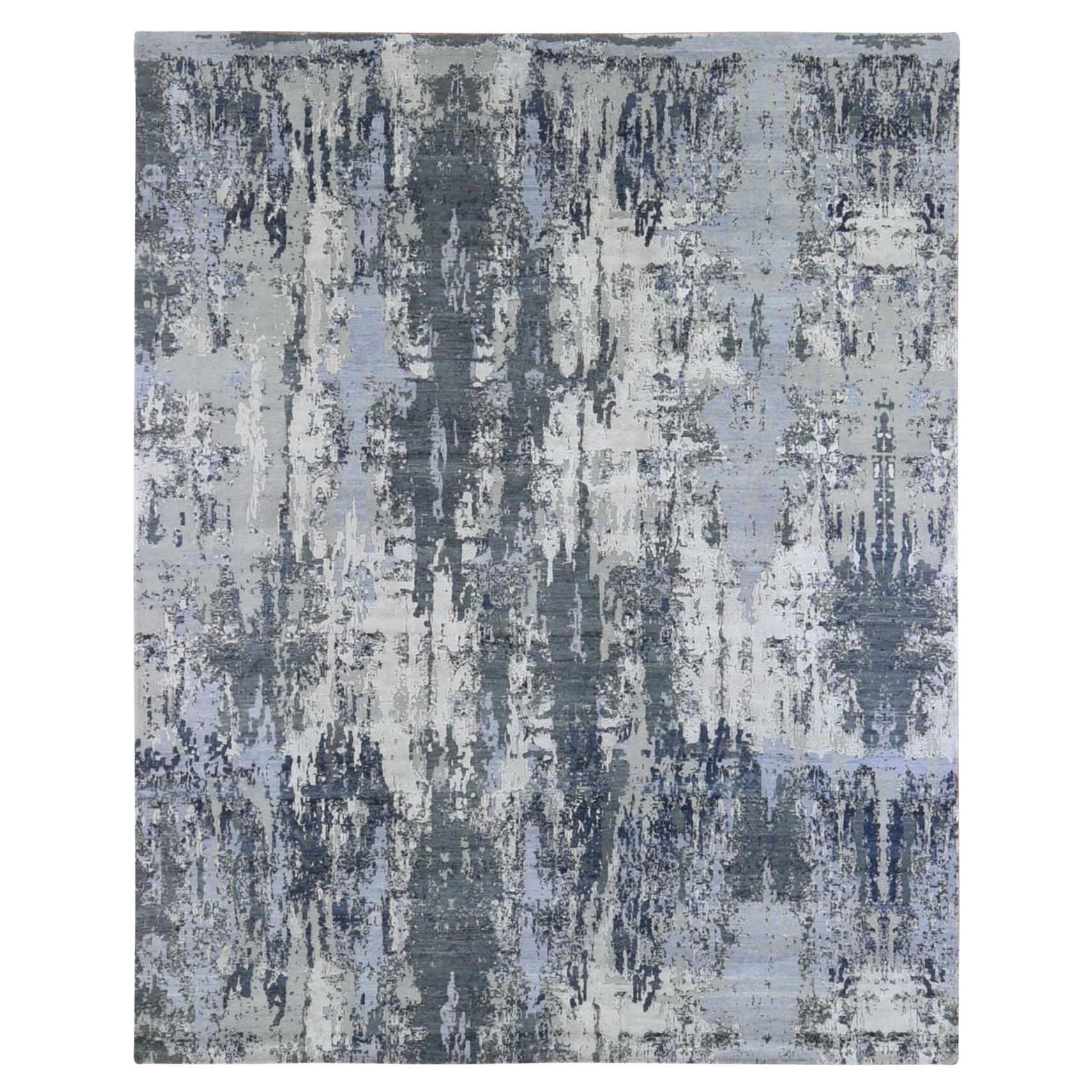 8'2"x10'2" Gray Abstract Design Wool and Pure Silk Persian Knot Hand Knotted Rug