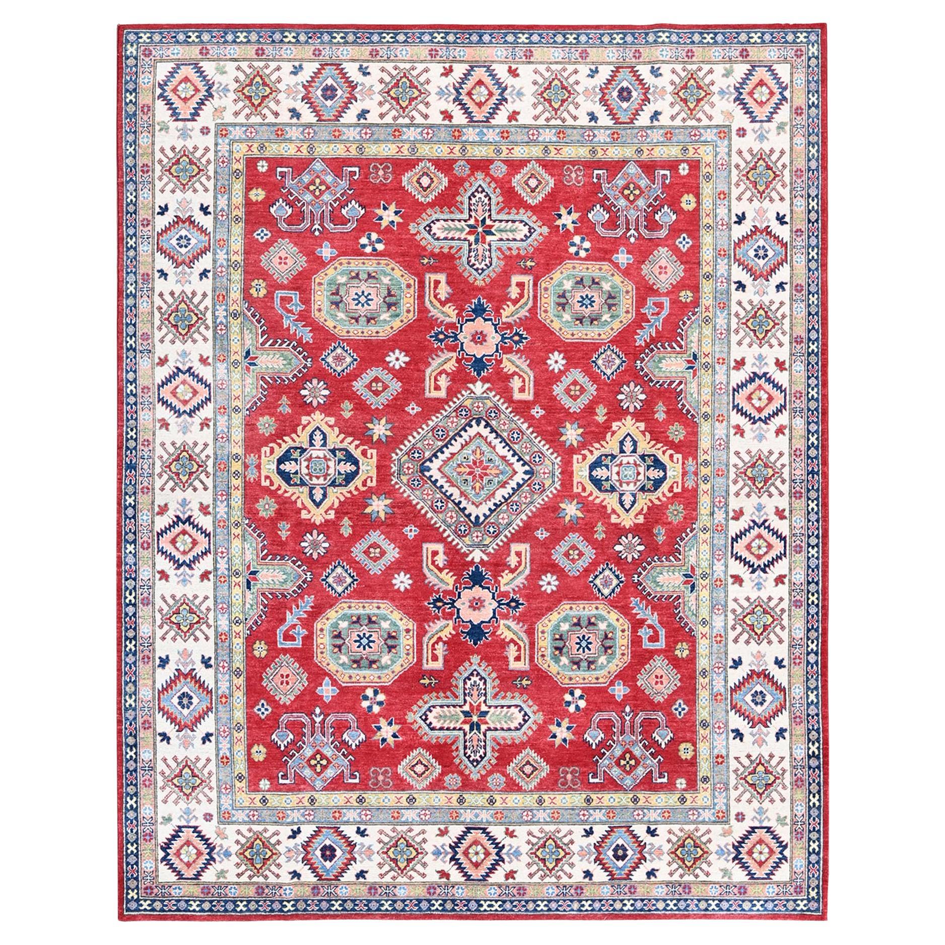 8'2"x10'2" Red Kazak with Geometric Medallions Design Soft Wool Hand Knotted Rug