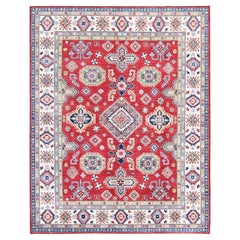 8'2 "x10'2" Kazak rosso con disegno di medaglioni geometrici Tappeto in lana morbida annodato a mano