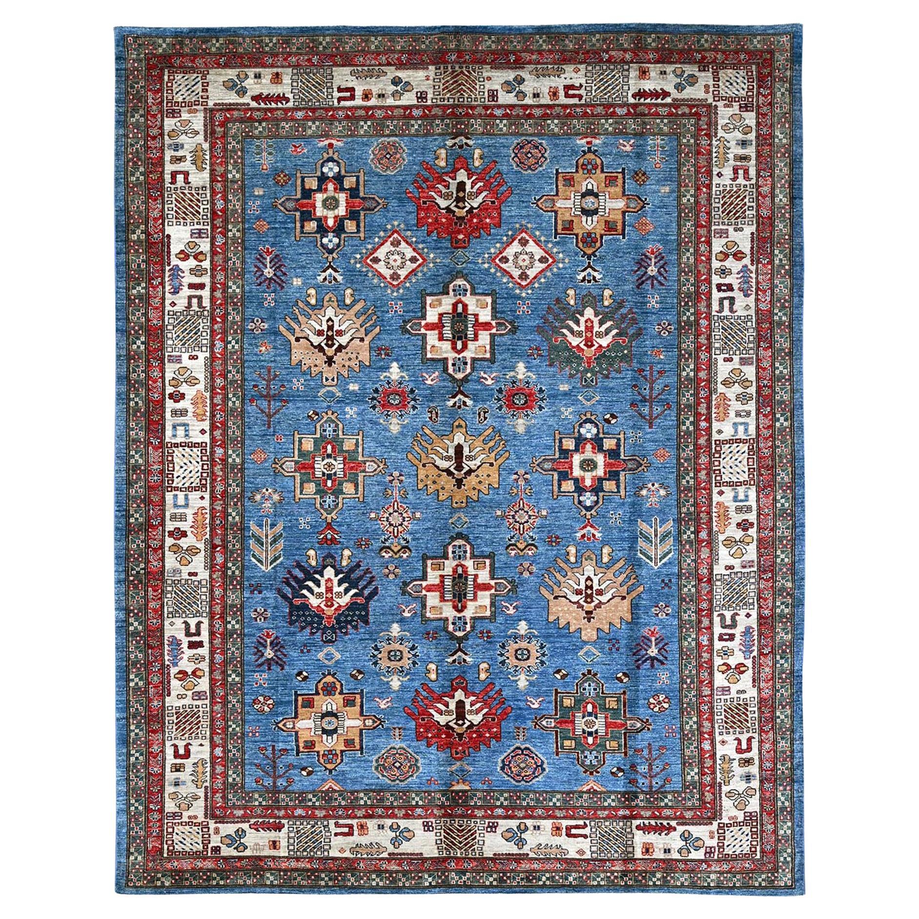 8
2 "x10
3" Azurblauer handgeknüpfter Wollteppich Super Kazak Geometrische Medaillons
