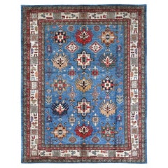 8'2"x10'3" Azure Blue Hand Knotted Wool Super Kazak Geometric Medallions Rug