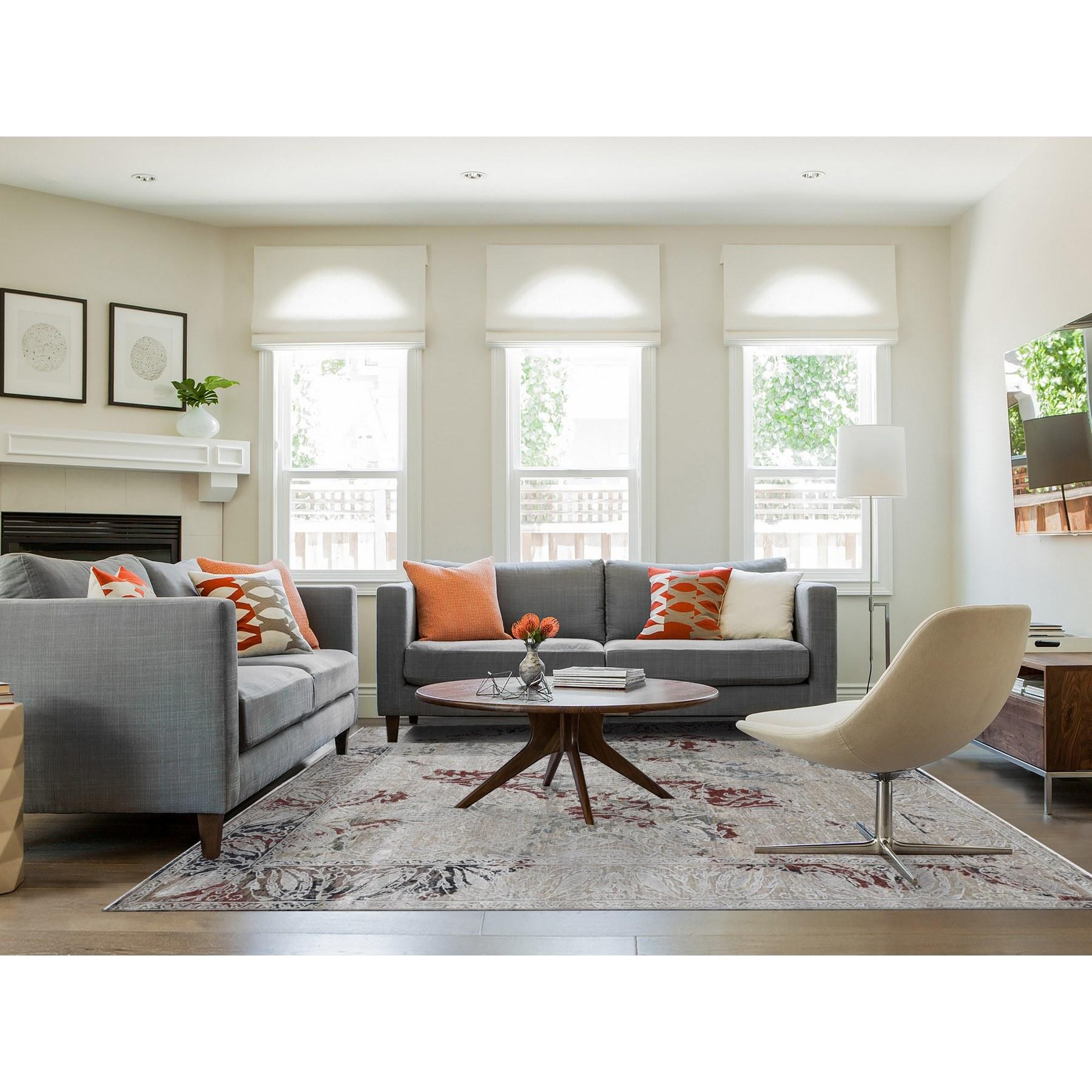 Beige, Broken Tulip Design, Silk with Textured Wool, Hand-Knotted Oriental Rug
Primary materials: Wool & Silk
Latex: No Pile 
height: 0.25 Inches
Style: Transitional
Primary color: Beige
Secondary colors: Silver, Rust Red, Brown, Teal, Navy