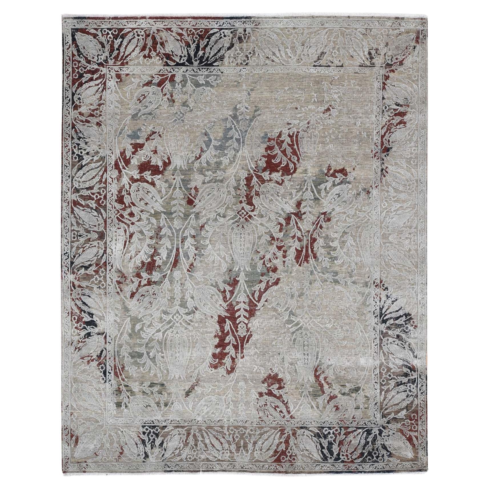 8'2"x10'3" Beige, Broken Tulip Design, Silk with Textured Wool, Hand Knotted Rug For Sale