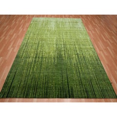 8'2"x10'3" Pickle Green Vertical Ombre Design Hand Knotted Wool Oriental Rug