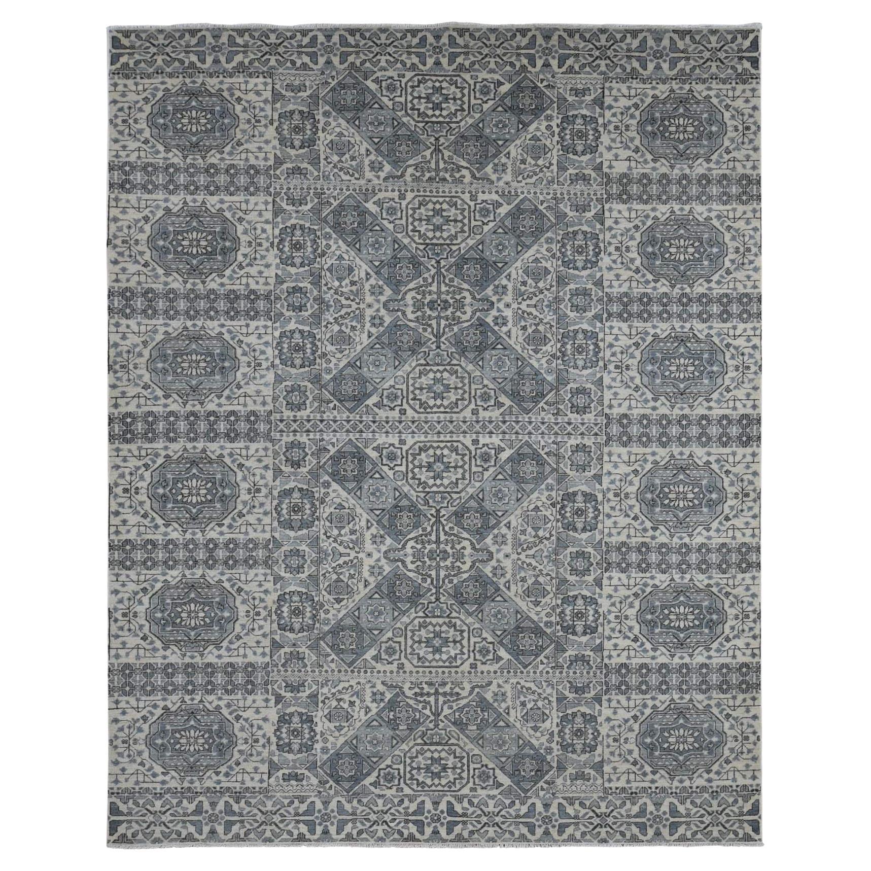 8'2"x10'5" Gray Ottoman Mamluk Design Hand Knotted Undyed Natural Wool Rug