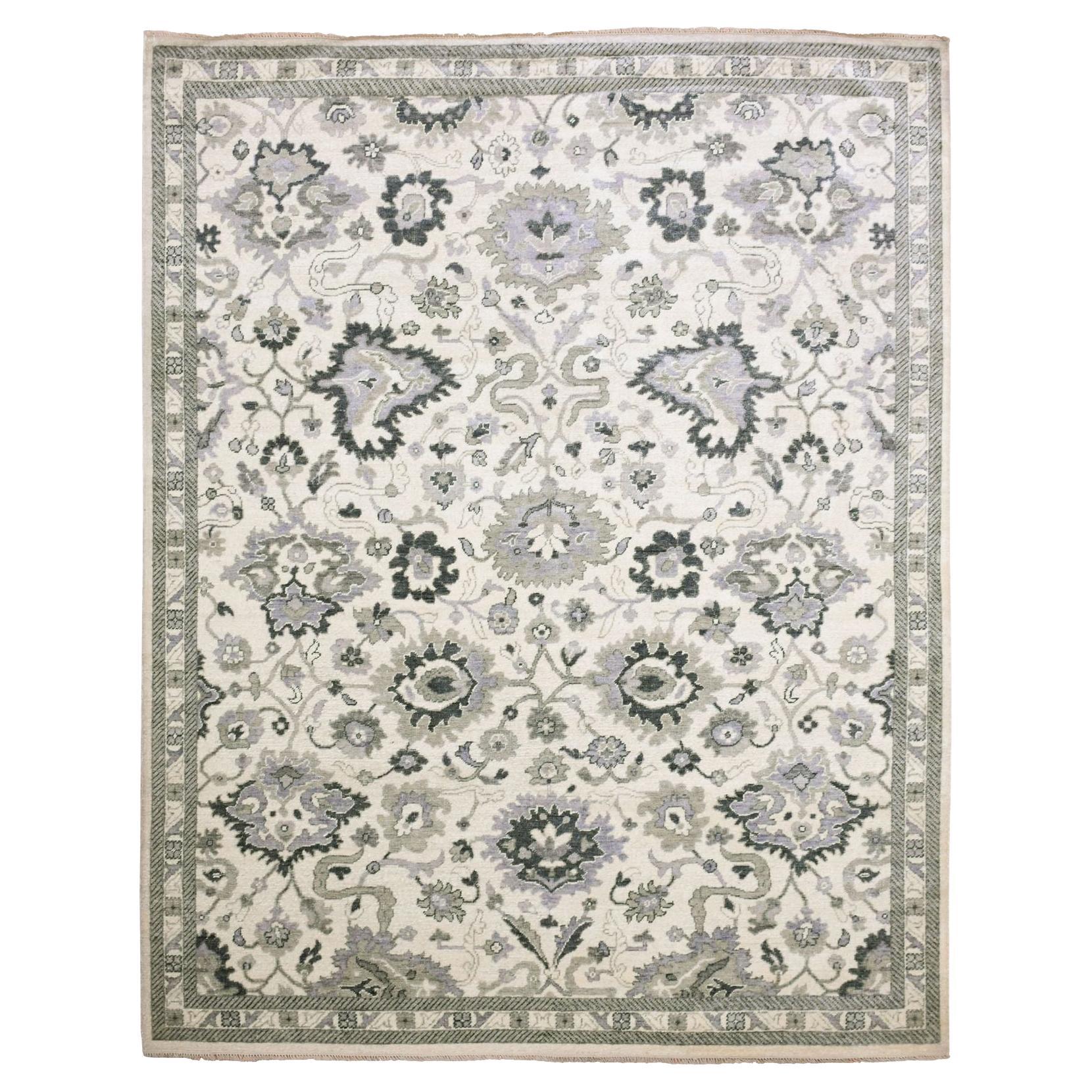 8'2"x10'5" Ivory, 100 % laine motif anatolien Oushak, noué à la main