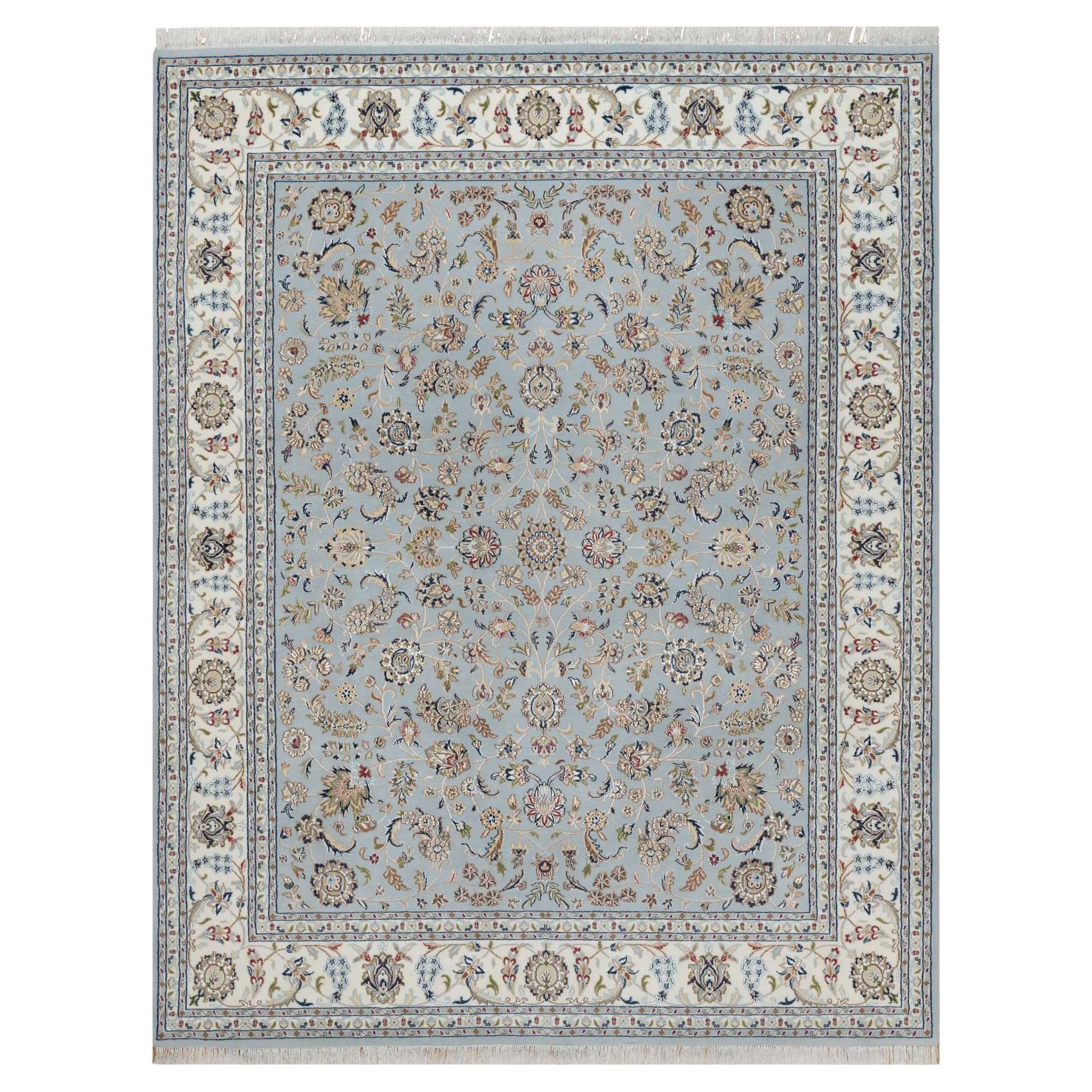 8'2 "x10'5" Bleu ardoise Nain Flower Design 250 KPSI Tapis en laine et soie noué à la main