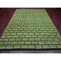 8'2"x10'6" Green Hand Knotted Moroccan Weave All Over Brick Design Pure Wool Rug