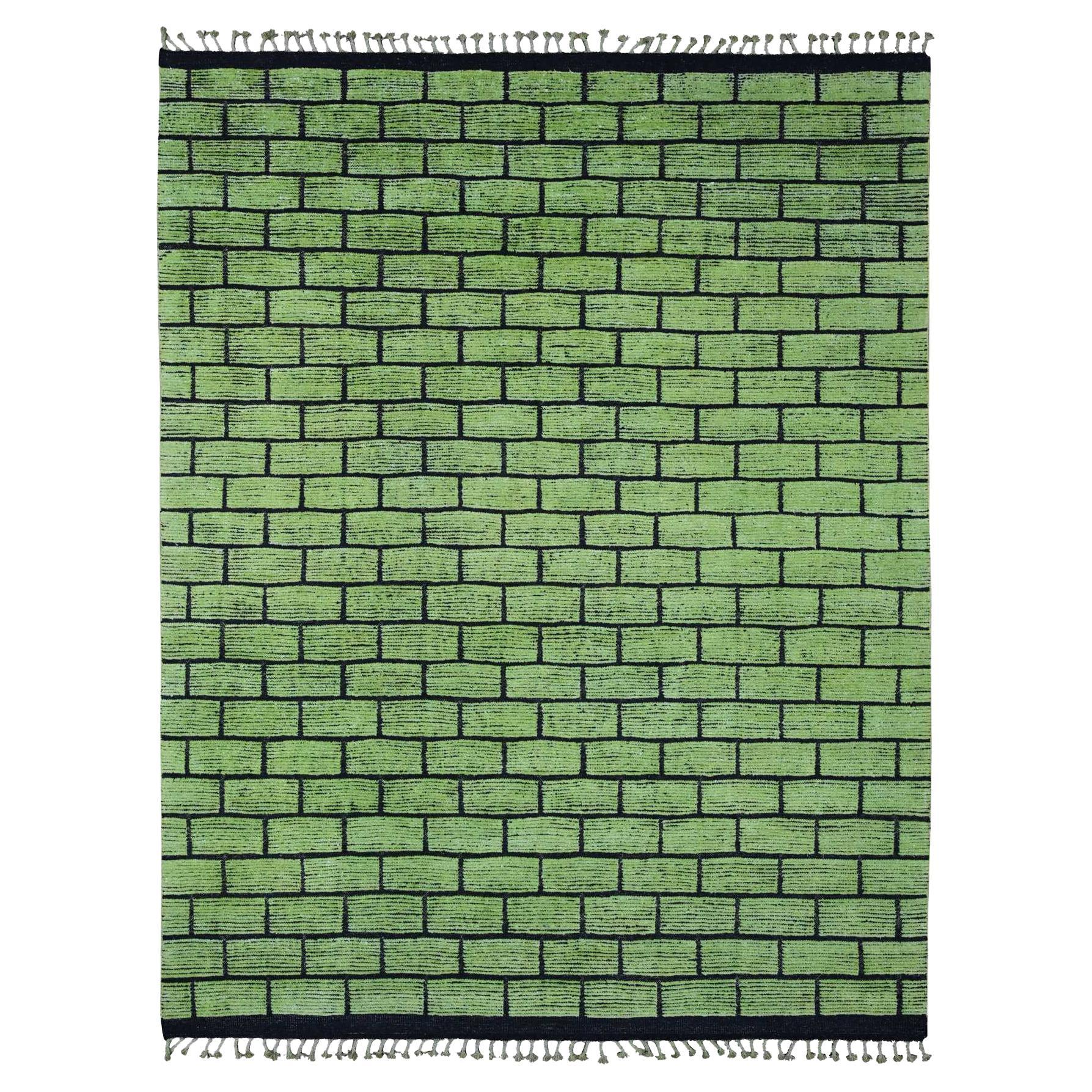 8'2 "x10'6" Tapis en pure laine noué à la main, tissage marocain All Over Brick Design, vert en vente