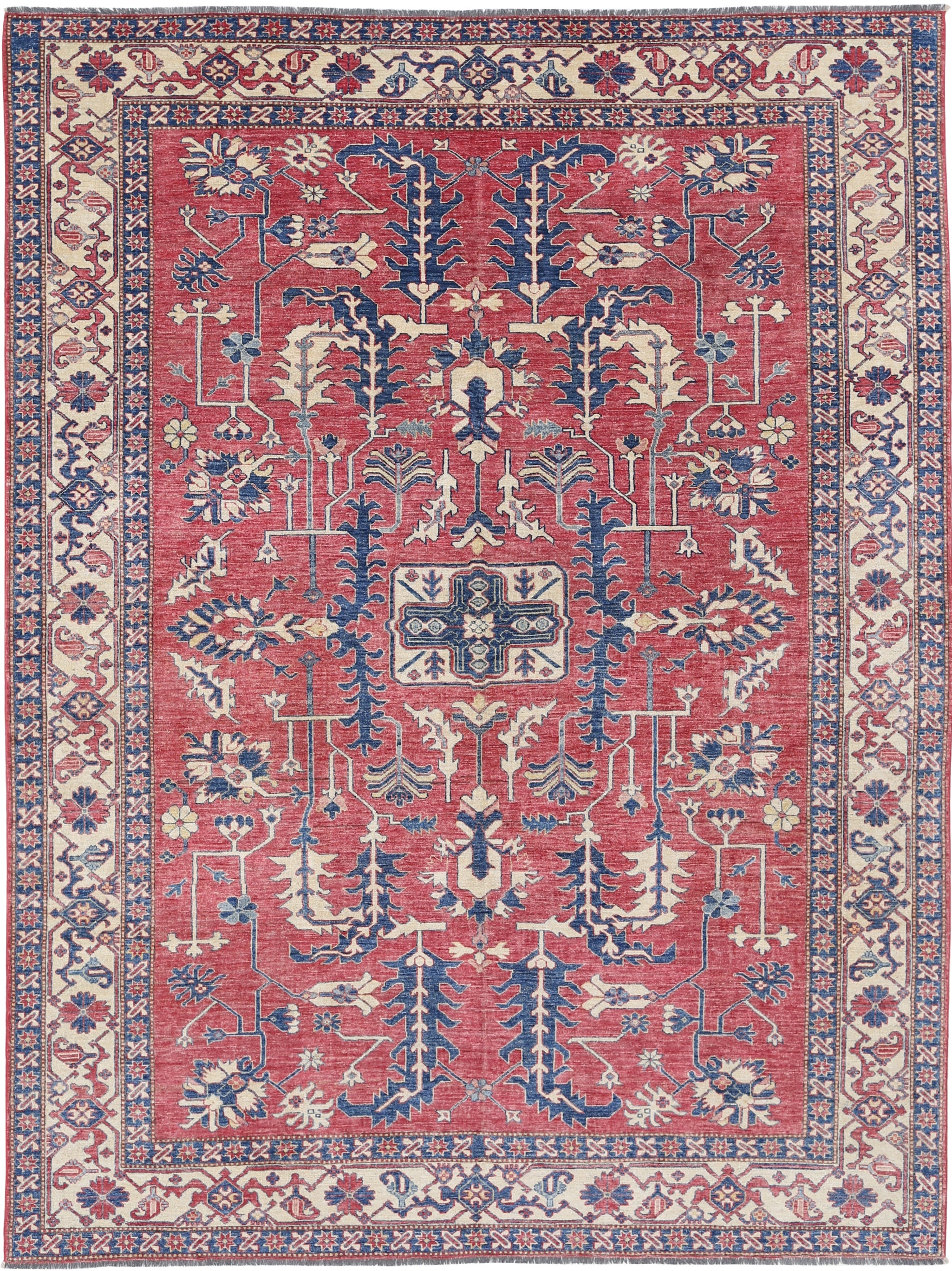 8.2x10.8 ft Handknotted Red Wool Area Rug. Turkish Floral Carpet for Living Room