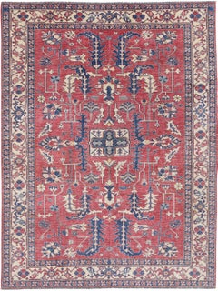 8.2x10.8 ft Handknotted Red Wool Area Rug. Turkish Floral Carpet for Living Room