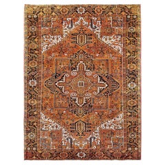 8'2"x10'9" Orange Vintage Persian Heriz Medallion Design Hand Knotted Wool Rug