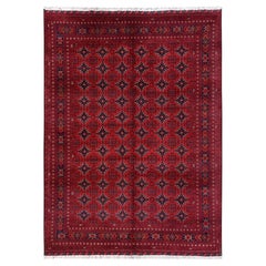 8'2"x11' Red Afghan Andkhoy with Geometric Motif Hand Knotted Wool Oriental Rug