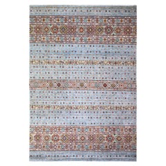 8'2"x11'10" Bleu, Gris Super Kazak Design Khorjin noué à la main