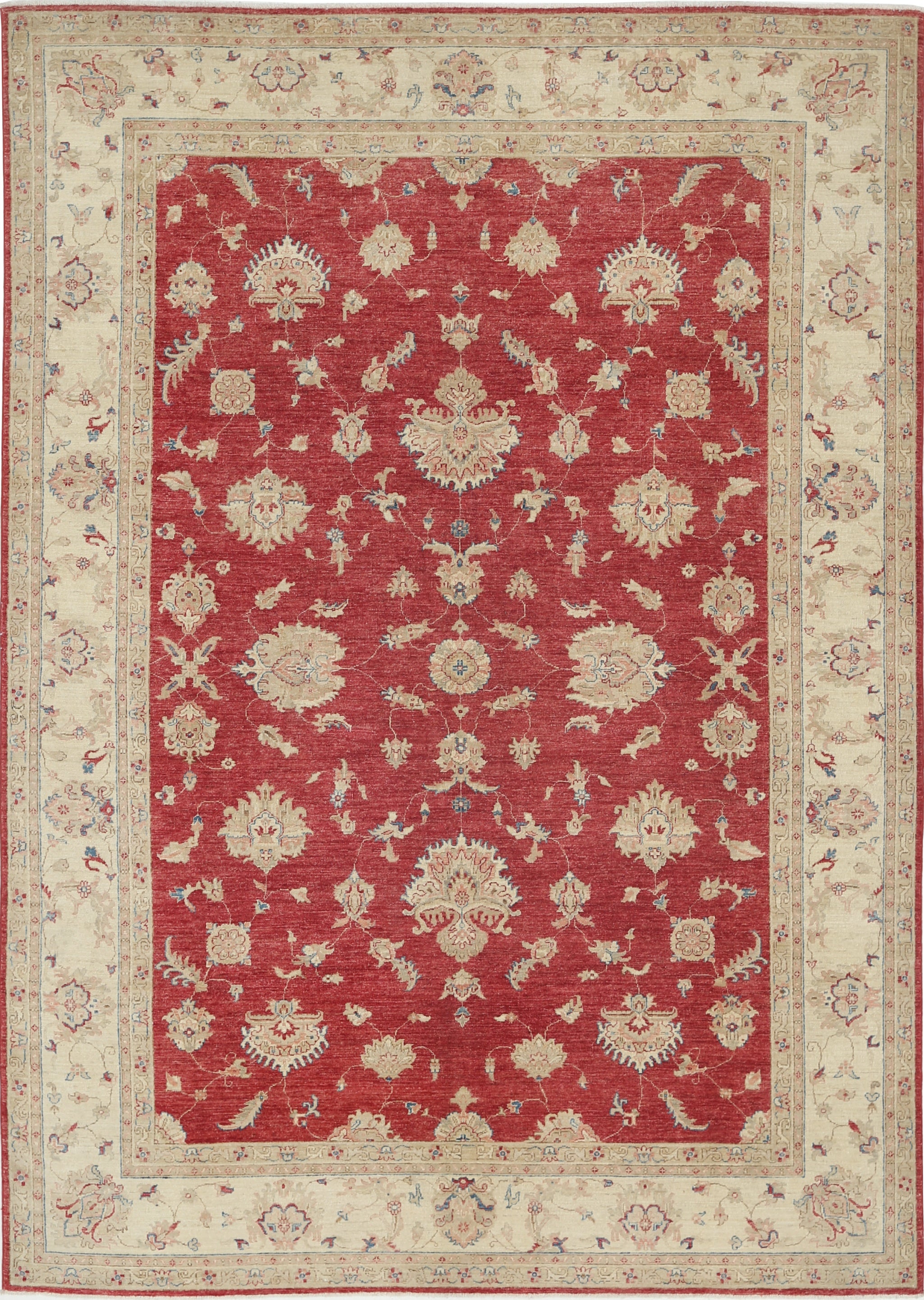 8.2x11.5 ft Handknotted Red & Beige Wool Area Rug. Turkish Floral Patterned Rug