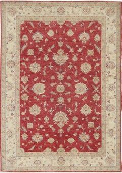 8.2x11.5 ft Handknotted Red & Beige Wool Area Rug. Turkish Floral Patterned Rug