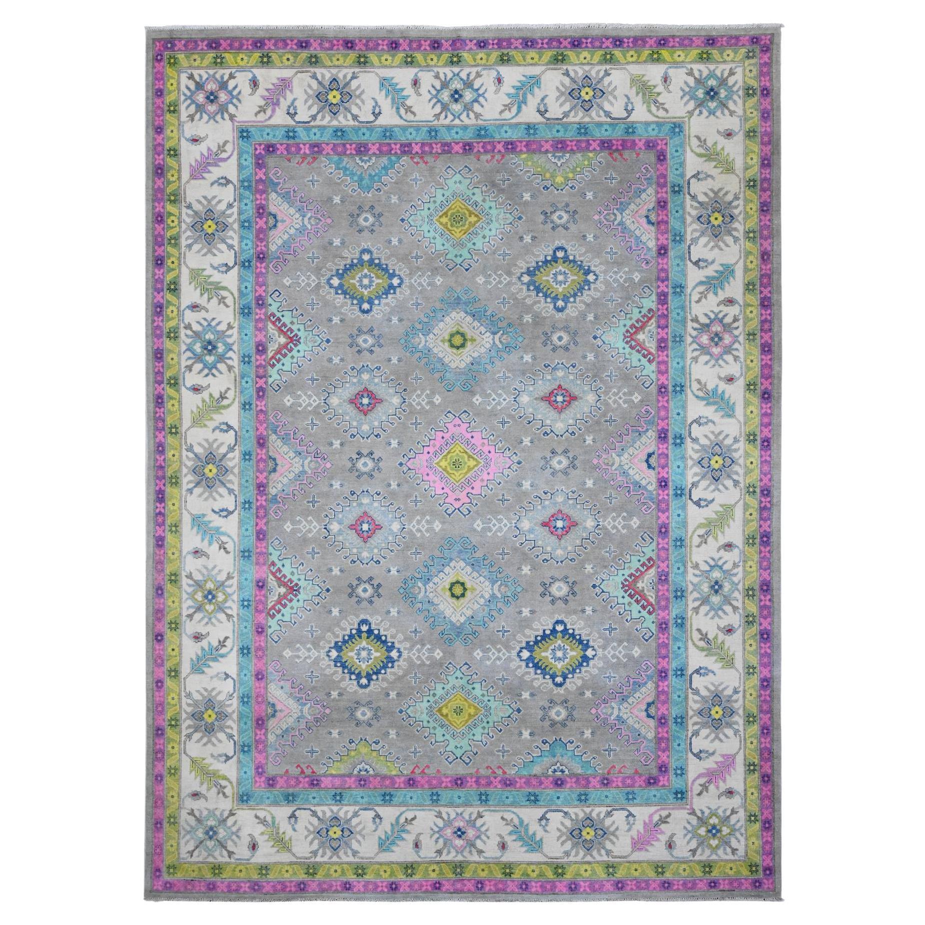 8'2"x11'5" Vintage Gray Velvety Wool Colorful Fusion Kazak Oriental Rug
