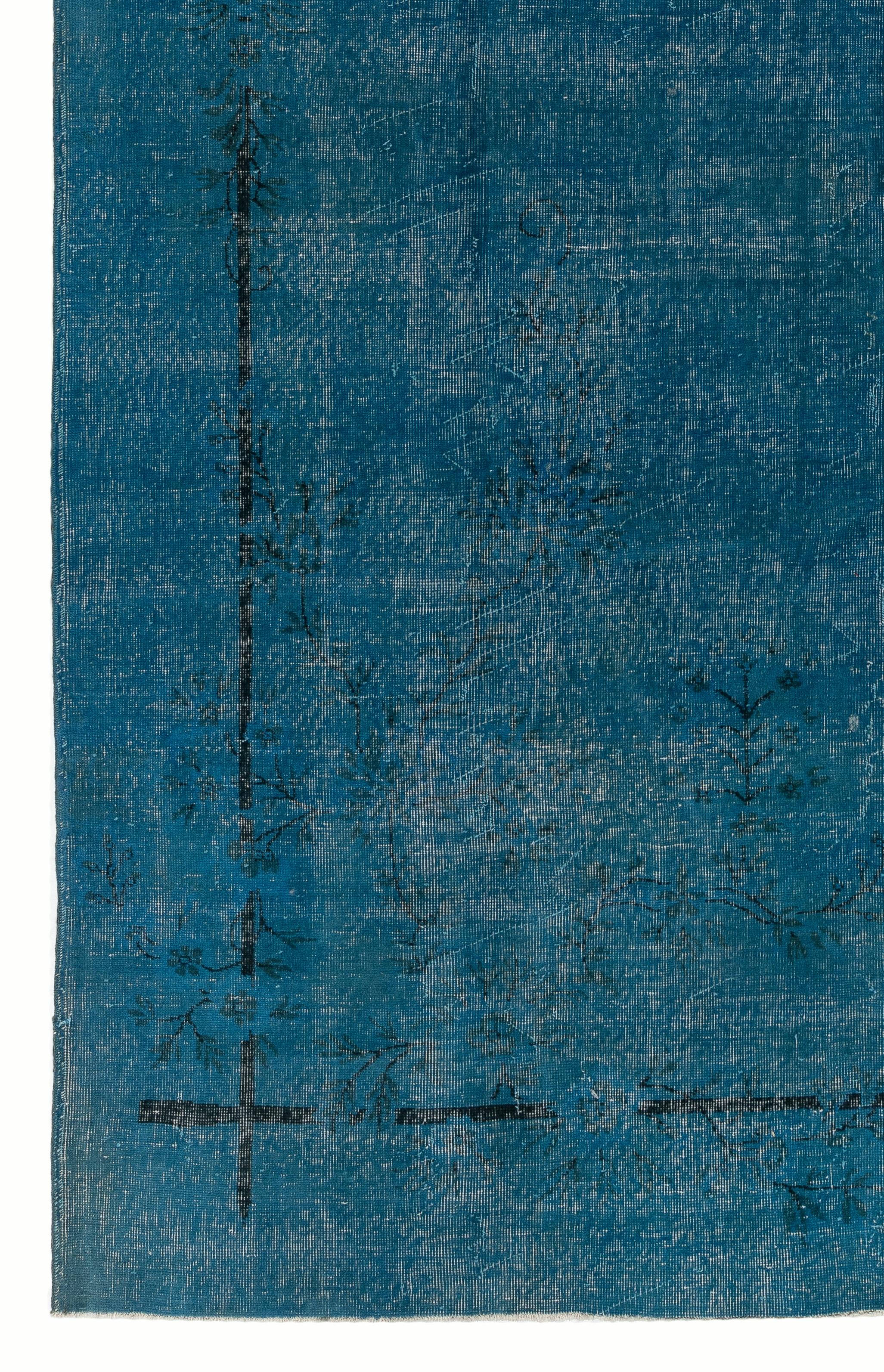Hand-Woven 8x11.7 Ft Vintage Handmade Art Deco Rug in Blue, Modern Home Decor Carpet For Sale