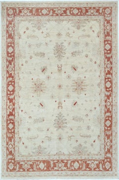 8.2x12.5 ft Hand Knotted Floral Large Area Rug with Beige Field and Red Border