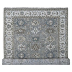 Tappeto Karajeh Design Geometrico Medaglione in Pura Lana 8'2 "x16'3" Grigio Annodato a Mano
