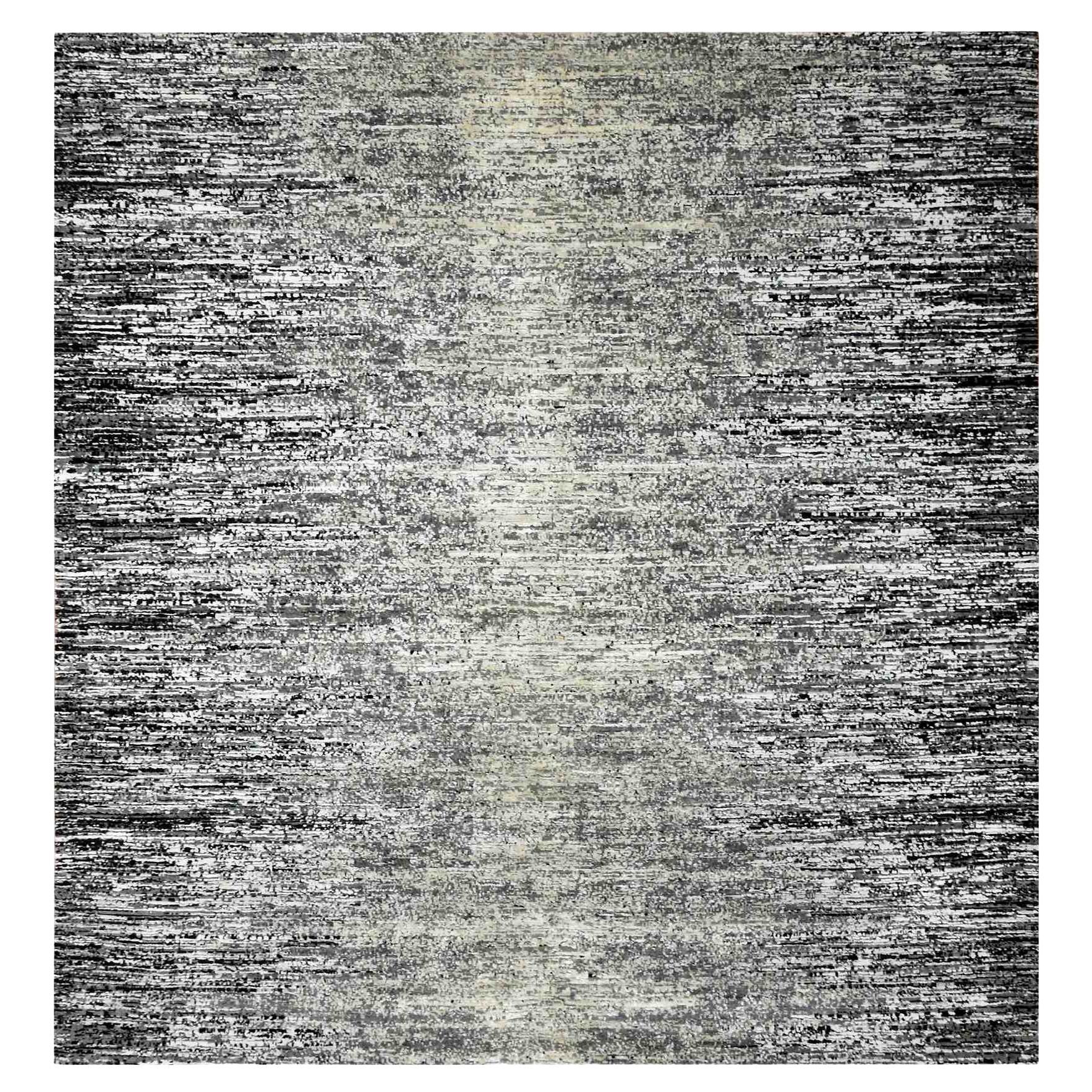 8'2 "x8'2" Negra, Diseño de Estrías Anudado a Mano, Alfombra Oriental Cuadrada de Lana y Seda en venta